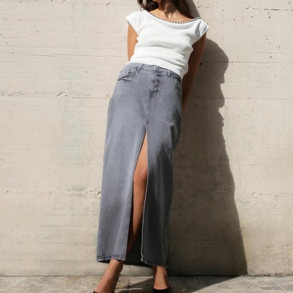 Zara Z1975 Slit Denim Long Skirt Sz-L